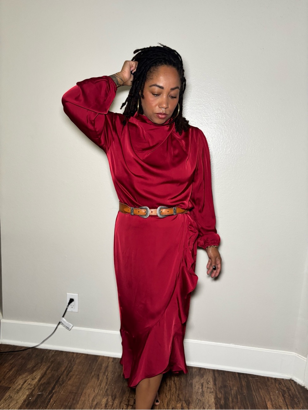 Satin Draped Midi Dress in Deep Red
